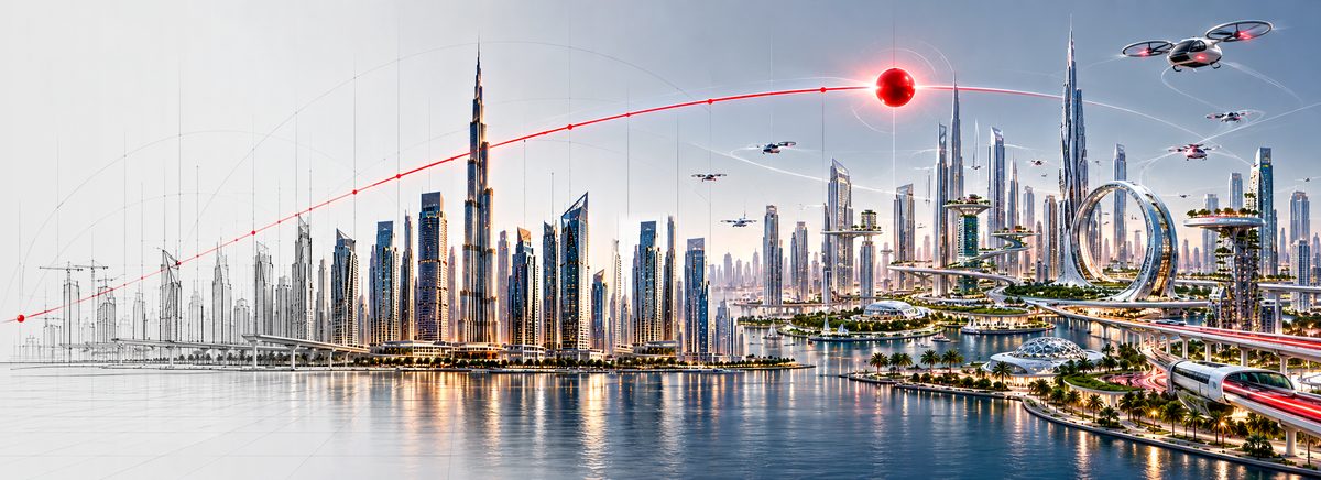 Dubai skyline drawn as a plan on the left, built in the centre and growing into a future city with drones and a high-speed train on the right